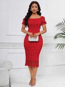 SHEIN Lady Váy cưới ren bó màu trơn cho khách dự tiệc cưới - Đỏ - Xem 3