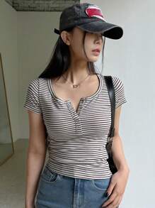 Dazy Star Women's Summer Striped & Printed Button Half-Placket Short Sleeve Casual T-Shirt,Crop Tops Women Preppy Tops - Apricot - View 2