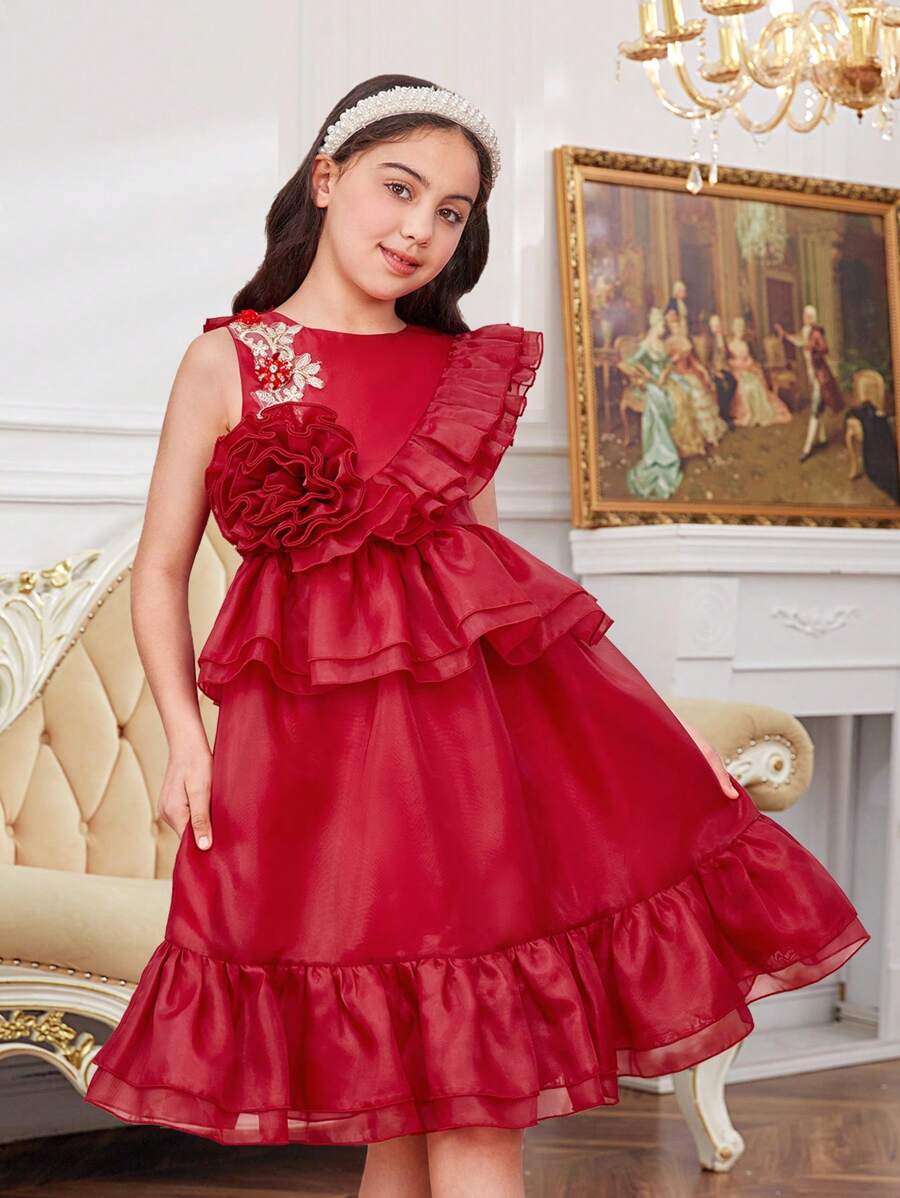 SHEIN Tween Girls' Elegant Round Neckline Layered Ruffle Edge Dress With 3d Flower Decor - Burgundy - View 1