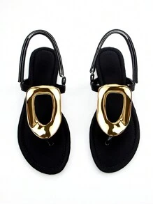 女士经典优雅款金色五金搭扣装饰黑色莱卡面料凉鞋，魔术贴和后跟带设计，方便穿脱，舒适的趾间分隔设计平底凉鞋 - 黑色 - 查看 4