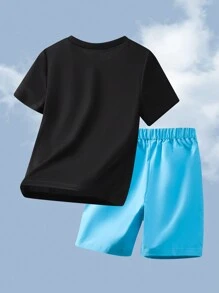 SHEIN 6 件/套青少年男孩休闲运动图案圆领短袖 T 恤和短裤针织 2 件套服装，共 6 件，3 种颜色可选 - 彩色 - 查看 8