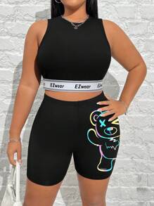 SHEIN EZwear 大码女式休闲卡通熊印花七分紧身裤，夏季 - 黑色 - 查看 3