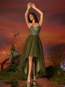 Vestido de noche verde con malla de cuentas para mujer, alargando las piernas