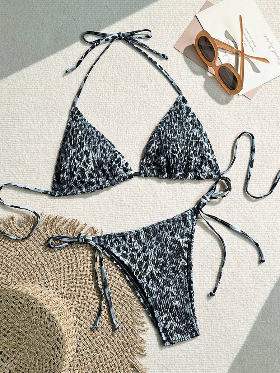 SHEIN Swim 女款豹紋露背束頸性感比基尼套裝,適用於海灘度假,隨機印花 - 彩色 - 查看 1