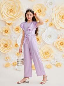 SHEIN Tween Girl Elegant Solid Color Jacquard Ruffle Jumpsuit, Summer