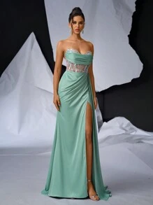 Glamrae 帶束帶和魚骨的優雅浪漫馬甲裙，豪華、性感的網眼插片，高腰設計，緞面側邊飾，美人魚下擺裙，女性正式舞會禮服，適合晚禮、婚禮和假日派對 - 綠色 - 查看 7