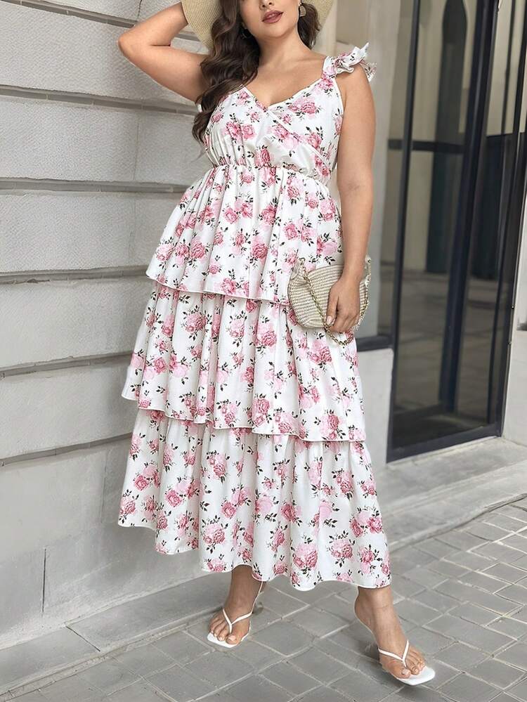 Plus Size Elegant & Casual College Style Holiday Seaside Outing Dress With Square Neck, Ruffle Layered Sleeves & Open Back, Loose Fit Floral Print Long Pink Dress