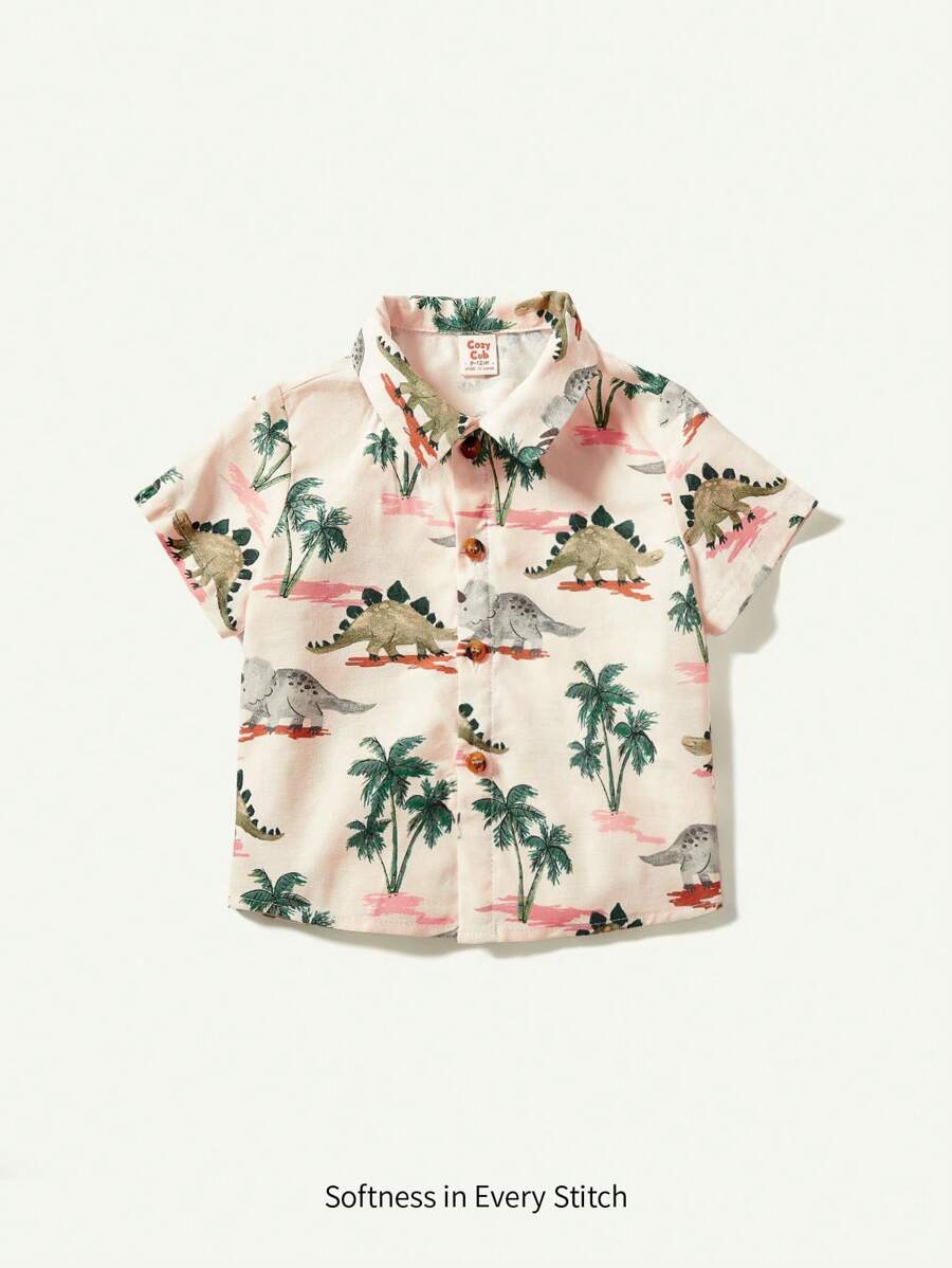 Cozy Pixies Baby Boy Casual Cartoon Dinosaur Pattern Turn-Down Collar Short Sleeve Cardigan - Apricot - View 1