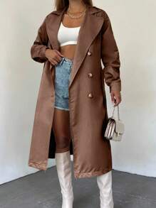 EURMUSE Women'S Mid-Length Double Breasted Trench Coat - Brown - View 4