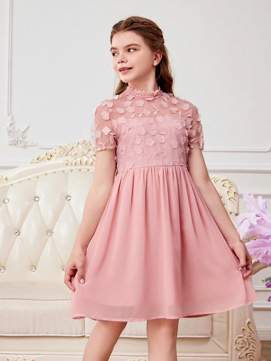 SHEIN Vestido de malla bordado de manga corta para niña preadolescente para fiesta de graduación de primavera/verano - Rosa - Ver 1