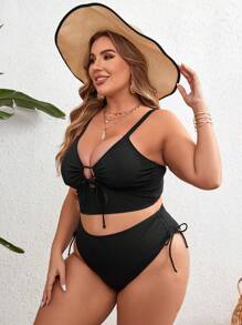 Swim Lushoire Bộ bikini hở lưng gợi cảm màu trơn ngày lễ cỡ lớn cho nữ Bikini cỡ lớn mùa hè - màu đen - Xem 6