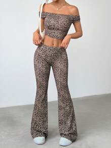 SHEIN EZwear Women's Leopard Print Off Shoulder Top And Long Pants Two-Piece Set - Brown - View 1
