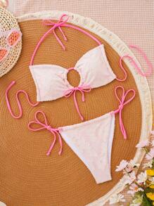 SHEIN Swim Bộ bikini dây yếm màu tương phản gợi cảm cho kỳ nghỉ hè của phụ nữ - Màu Hồng baby - Xem 4