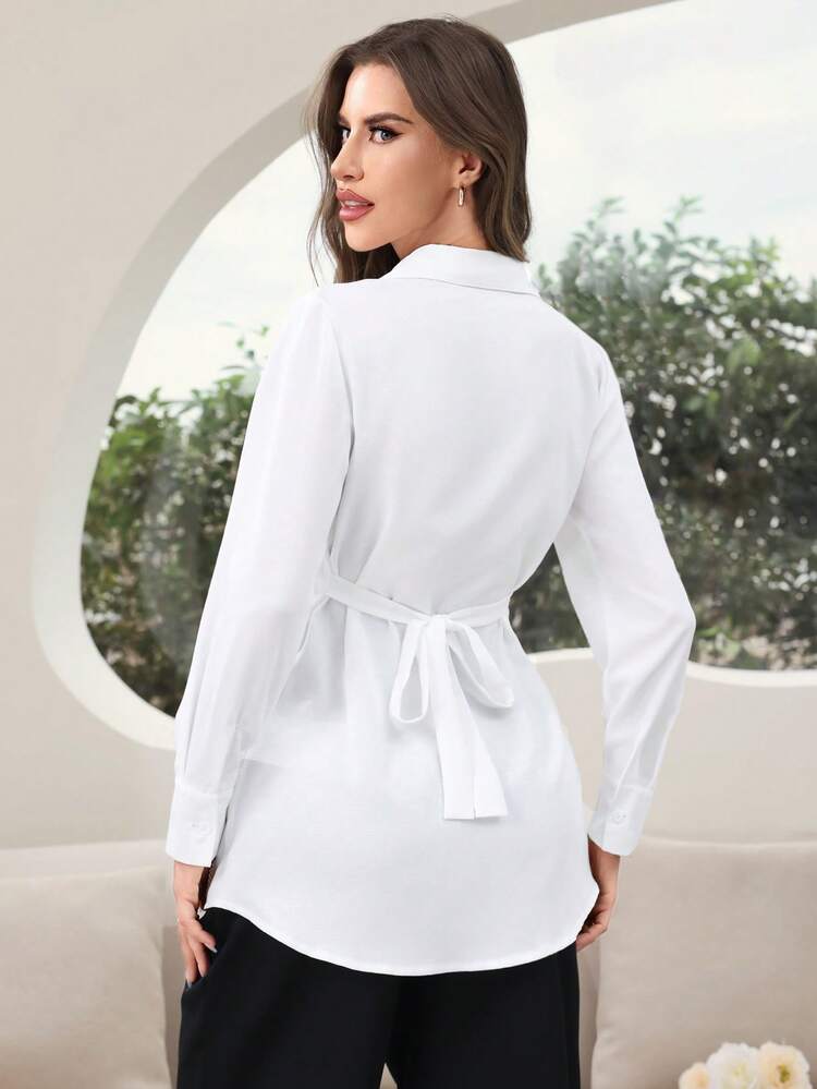 Women's Spring/Summer Solid Color Casual Shirt With Waist Pleats And Buttoned Hem