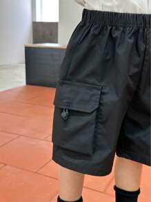 SHEIN Shorts Cargo Casual Ajustada com Bolsos Grandes, Adequada para Uso Diário, Viagens, Férias, Descanso, Banho de Sol, Verão - Preto - Visão 4