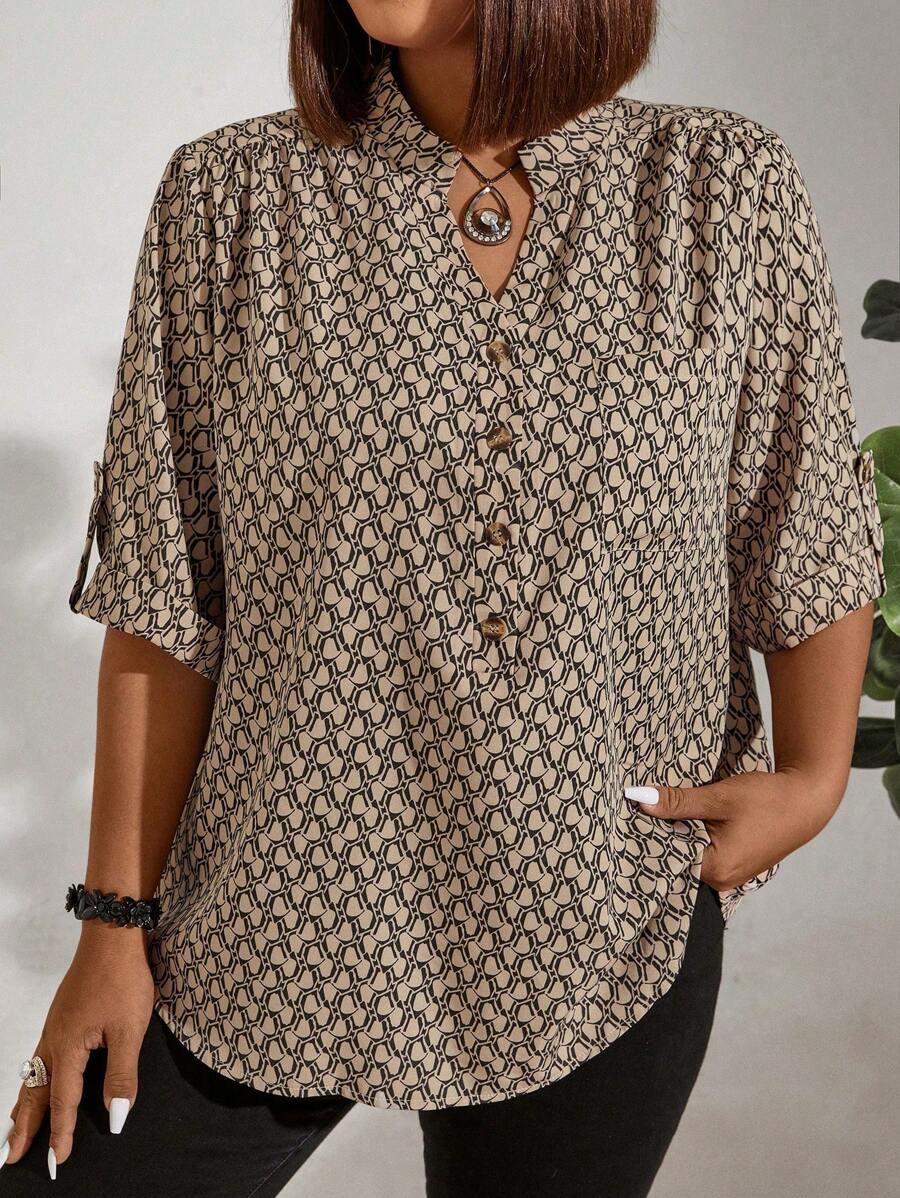 EMERY ROSE Plus Size Women's Geometric Printed Roll-Up Sleeve Shirt