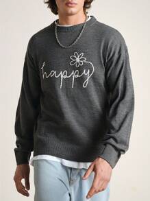 RueChic Leisure Style Fun English Integrated Round Neck Sweater For Men - Dark Grey - View 4