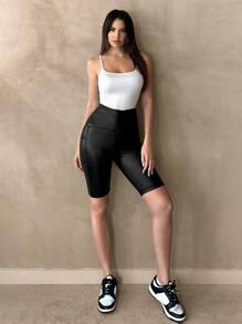 SHEIN Essnce Pu Leather Shorts High Waisted Shorts Women Shorts 2- Pockets  Black High-Waisted Stretchy Leggings, Summer
