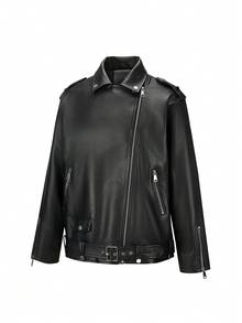 Women's Simple And Fashionable Faux Leather Jacket For Fall And Winter With Warmth And Belt Included - Black - View 3