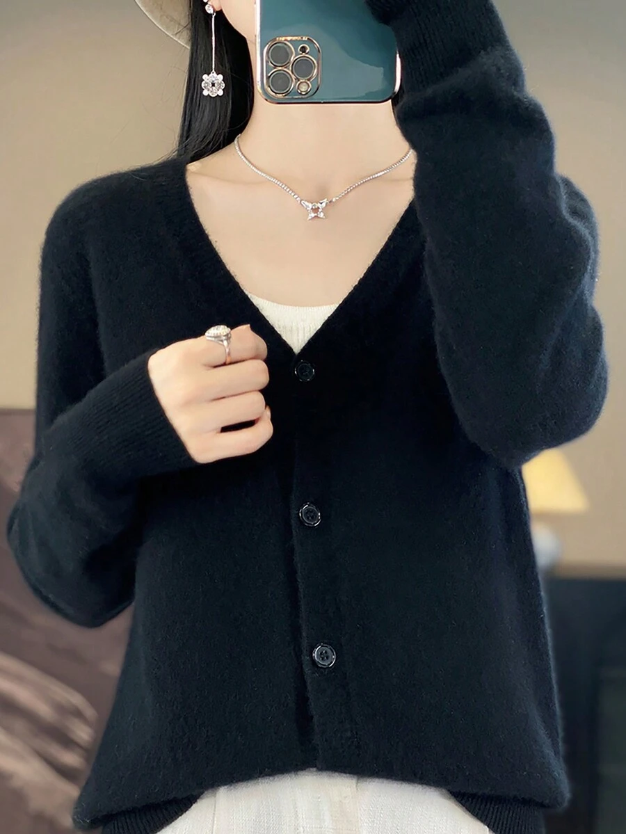 Frauen Frühling Neue Ankunft, dünner Vintage-Stil tiefem V-Ausschnitt Gestrickte Strickjacke, einfarbiges Top - Schwarz - Übersicht 1
