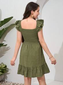 SHEIN 少女款梭织荷叶袖、方领、收腰假日休闲连衣裙 - 橄欖綠 - 查看 2