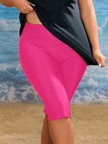SHEIN Swim Curve 大码女式纯色休闲百慕大短裤、泳裤夏季 - 粉色 - 查看 1