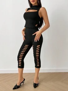 SHEIN Unity Women's Solid Color Halter Neck Hollow Out Top And Capri Pants Sexy Set, Summer - Black - View 1