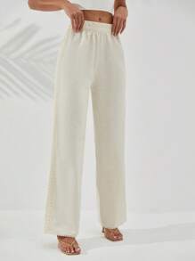 RueChic Women Side Panel Embroidery Linen Pants - Beige - View 4