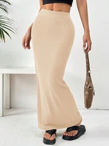 SHEIN EZwear 女士黑色針織貼身膝長裙 - 杏色 - 查看 3