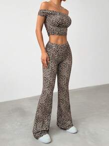 SHEIN EZwear Women's Leopard Print Off Shoulder Top And Long Pants Two-Piece Set - Brown - View 4