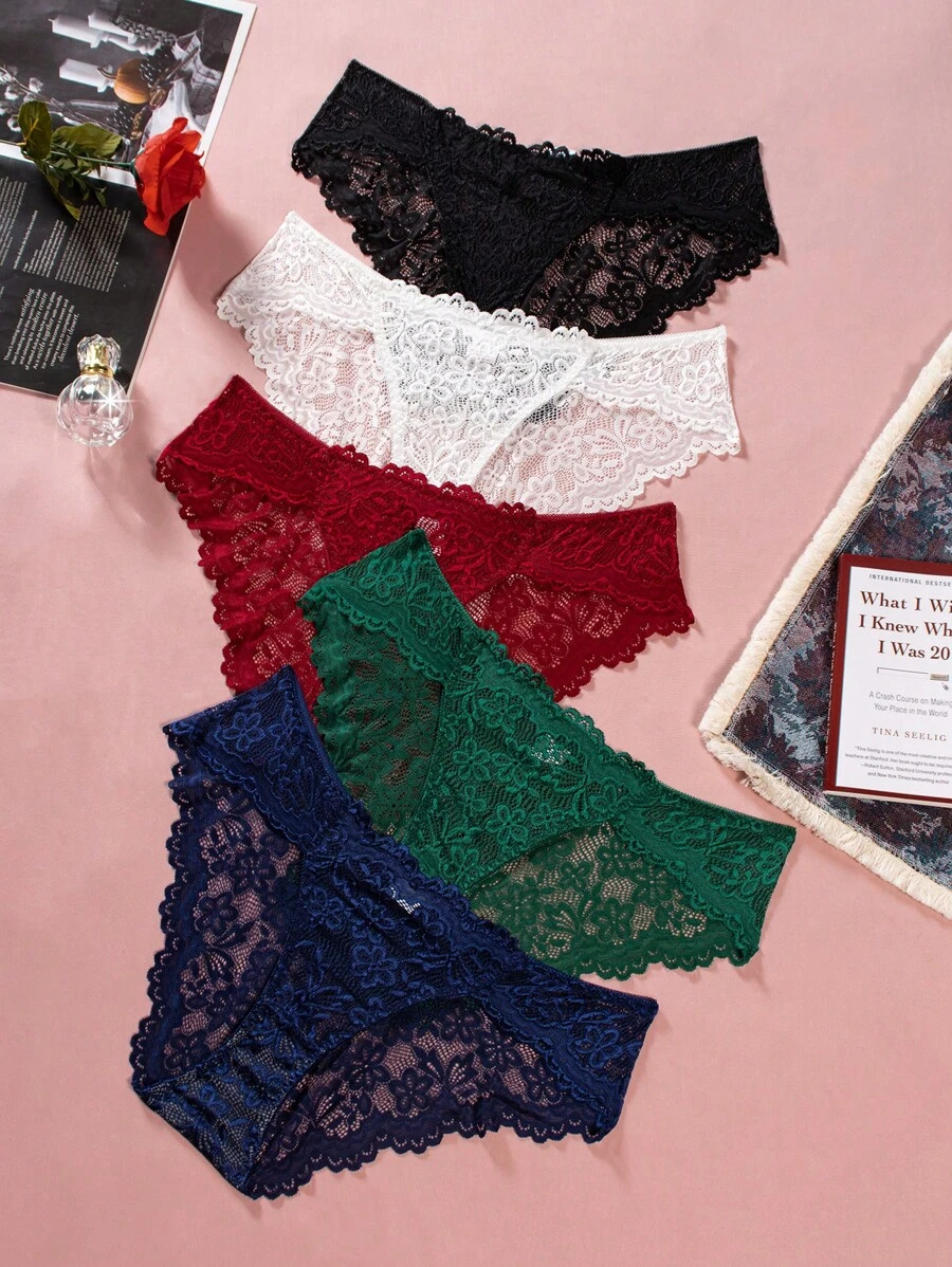 Plus Size Fantasy Elegant Lace Panties Set, 5pcs/Set Lingerie