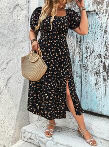 SHEIN LUNE Vestido de mujer talla grande con escote cuadrado, manga corta abullonada, estampado floral y bajo con abertura, conjunto de vestir de verano para mujer - Negro - Ver 4