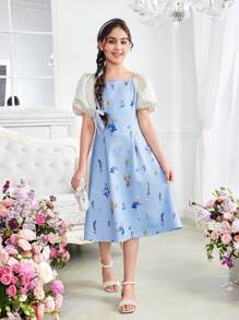 女童寬鬆休閒方頸泡泡袖花布拼接拼色連衣裙 - 藍色 - 查看 6