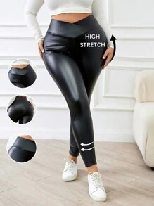 SHEIN Frenchy Leggings casual con vita a V per taglie forti delle donne - nero - Visualizzare 1