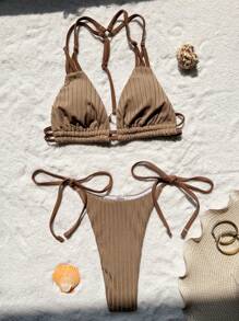 SHEIN Swim 纯色 V 领比基尼套装，分体夏季 - 卡其色 - 查看 7