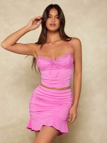 Forever 21 Women's Summer Contrast Lace Bow Decor Camisole And Pleated Bodycon Skirt Suit