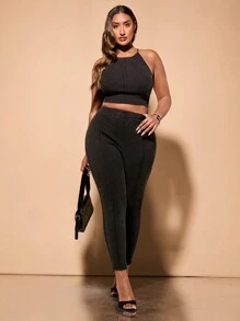 SHEIN BAE Plus Size Women's Plain Simple Daily Leggings - Orange - View 2