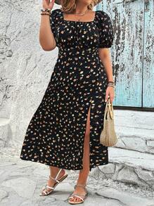 SHEIN LUNE Vestido de mujer talla grande con escote cuadrado, manga corta abullonada, estampado floral y bajo con abertura, conjunto de vestir de verano para mujer - Negro - Ver 3