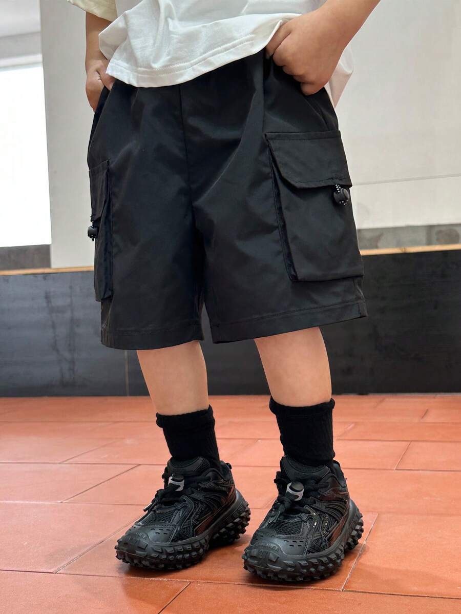 SHEIN Shorts Cargo Casual Ajustada com Bolsos Grandes, Adequada para Uso Diário, Viagens, Férias, Descanso, Banho de Sol, Verão - Preto - Visão 1