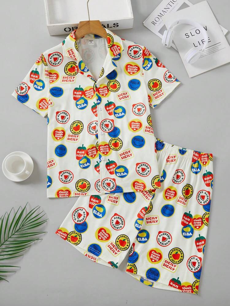 Teen Boy Simple Printed Shorts And Short Sleeve Loose Casual Home Clothes