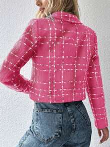 EURMUSE Plaid Pattern Lapel Neck Crop Overcoat - Pink - View 2