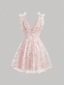 SHEIN MOD Pink Mesh Embroidered Romantic Countryside Vacation Dress For Women Grad Dress Elegant Wedding Dress - Pink - View 2