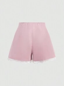 SHEIN MOD Damen Pinke Shorts mit Spitzen Saum und Schleife - Babypink - Übersicht 2