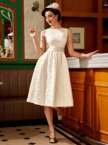 Vintamour Váy suông thanh lịch cổ điển cho nữ, họa tiết hoa jacquard mùa xuân/hè, thắt lưng nơ, váy xòe bãi biển cho khách dự tiệc cưới, trang phục mùa hè, váy maxi cho nữ, váy trắng tốt nghiệp, váy tốt nghiệp, trang phục hòa nhạc đồng quê, váy tiệc cưới, váy liền thân, váy jacquard dự tiệc - trắng - Xem 3