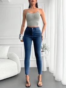 SHEIN Cottnline Solid Color Skinny Jeans - Blue - View 5