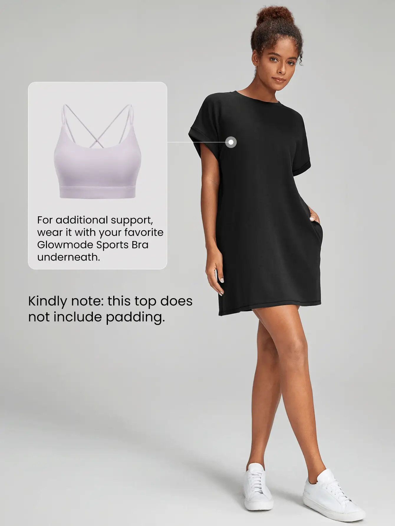 GLOWMODE Modal Cotton Blend Loose Fit T-Shirt Dress With Side Pockets Daily Casual - Black - View 6