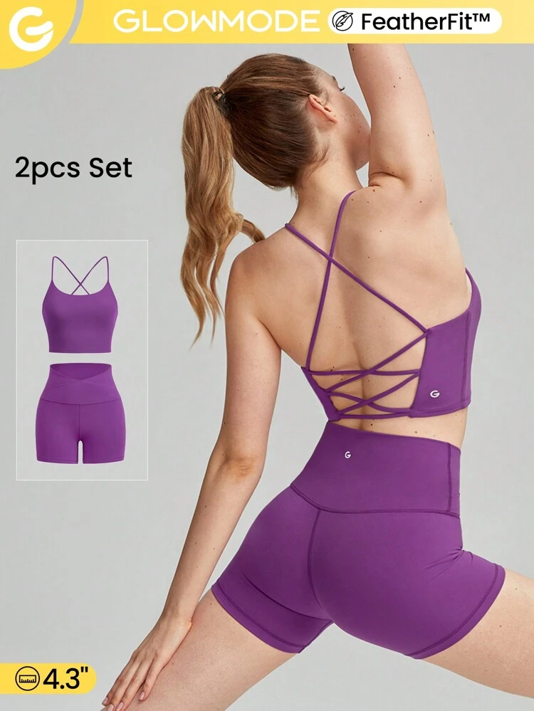 2 Pieces FeatherFit™ Sports Bra & 8'' Shorts Set Strappy Back Bra Tank Top With High Waist Side Pockets Biker Shorts Low Impact Yoga Pilates Daily Running Gym Workout Summer