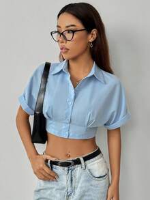 SHEIN Unity Roll Cuff Roll-Up Tab Batwing Sleeve Solid Color Summer Shirt - Blue - View 4