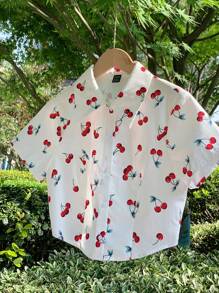 Comfortcana Top corto informal de verano para mujer con estampado de cerezas en toda la prenda - Blanco - Ver 6