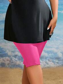 SHEIN Swim Curve 大码女式纯色休闲百慕大短裤、泳裤夏季 - 粉色 - 查看 4